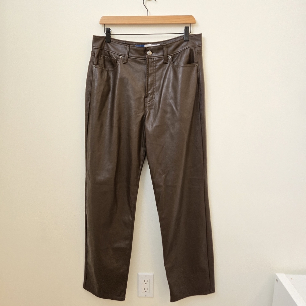 Old Navy Faux Leather Straight Leg Pants Size 12 Brown High Rise Trousers